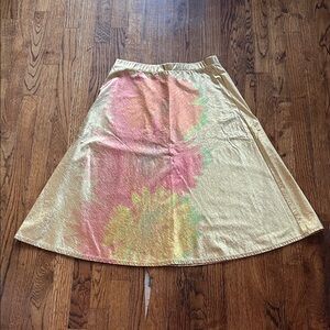 Roberto Cavalli Vintage 90s Metallic Gold Skirt with Pink Flower Design